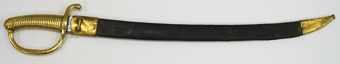 A French briquet cast D-shaped brass hilt in its brass mounted leather scabbard, blade 59.5cm. Condition - fair, blade heavily cleaned